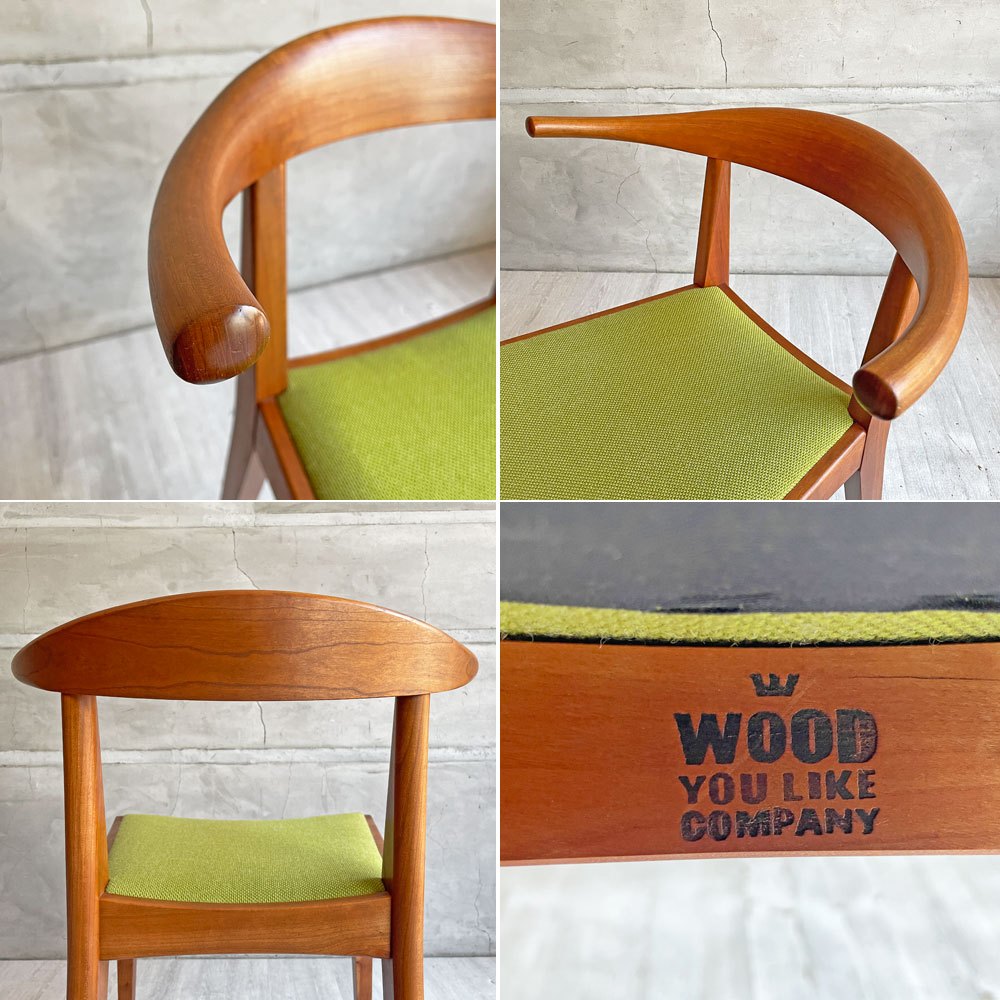 ウッドユウライクカンパニー WOOD YOU LIKE COMPANY アイチェア クッション AI CHAIR ハーフアームチェア チェリー無垢材 ファブリック ライトグリーン 座面張替済 A ♪