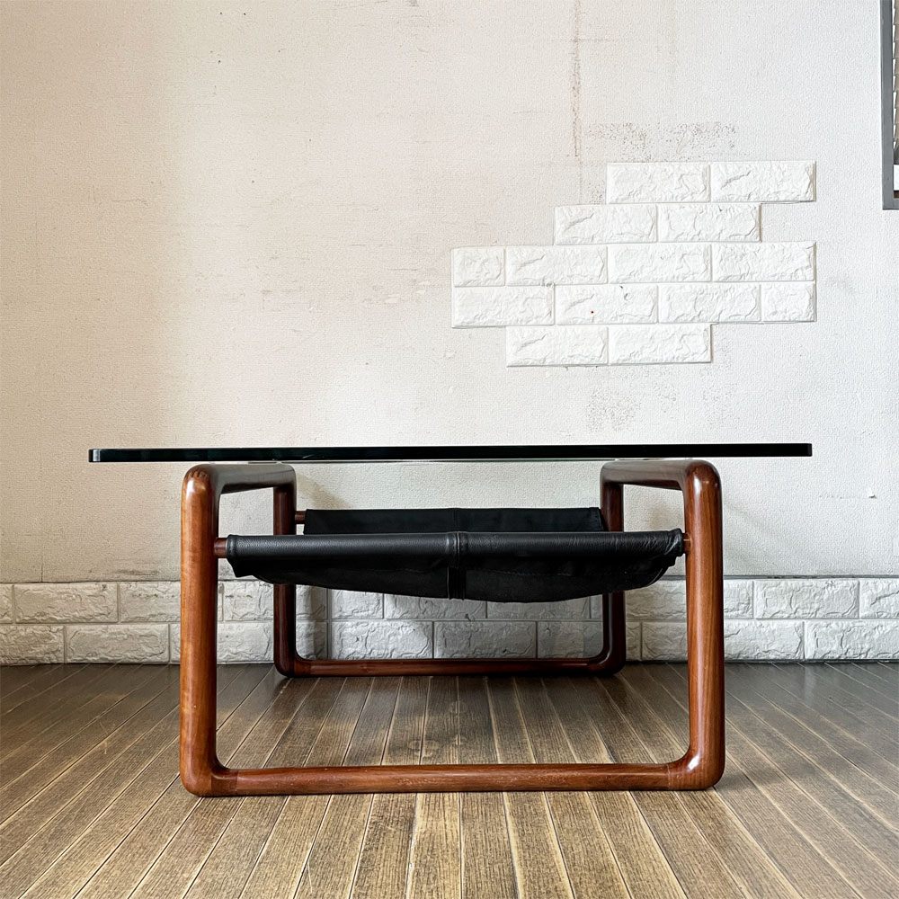 ケンオクヤマデザイン KEN OKUYAMA DESIGN ハンモック リビングテーブル ローテーブル ガラス×ウォールナット×ブラックレザー W80cm 奥山清行 定価￥99,800- 廃番 ◎