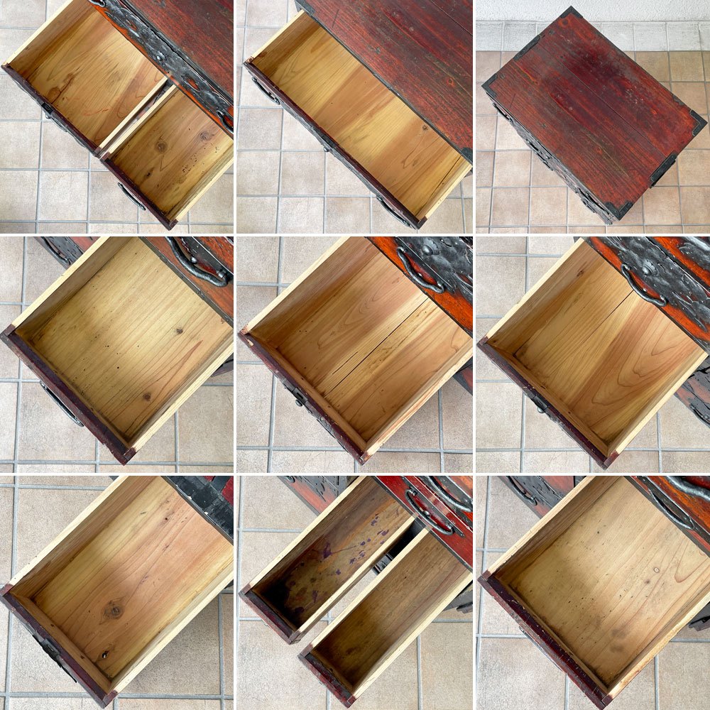 山形最上箪笥 牡丹図金具 隙間箪笥 欅材 時代箪笥 ジャパンビンテージ 和家具 鍵付 ◇