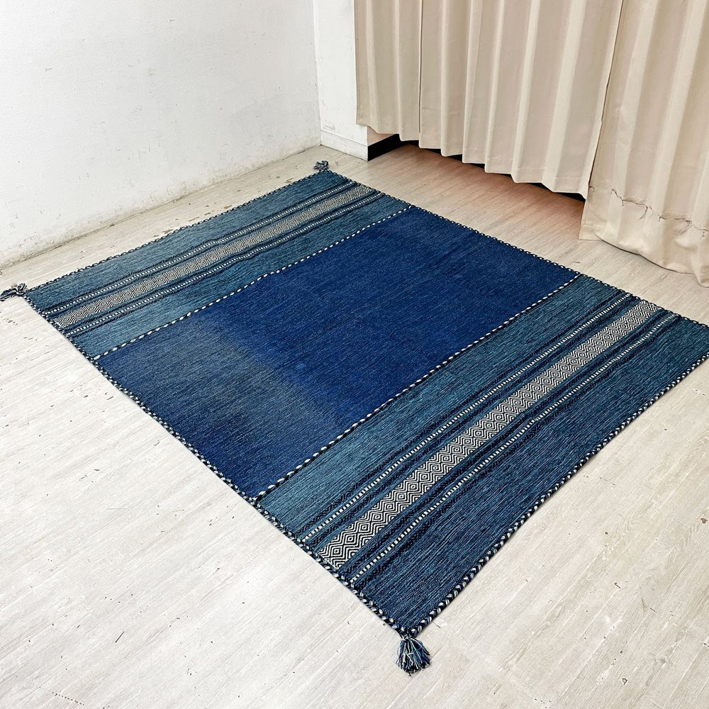 サヤンサヤン SAYANSAYAN インドキリム ラグマット インド綿 幾何学模様 手織り コットン 250×195cm ブルーベース ●
