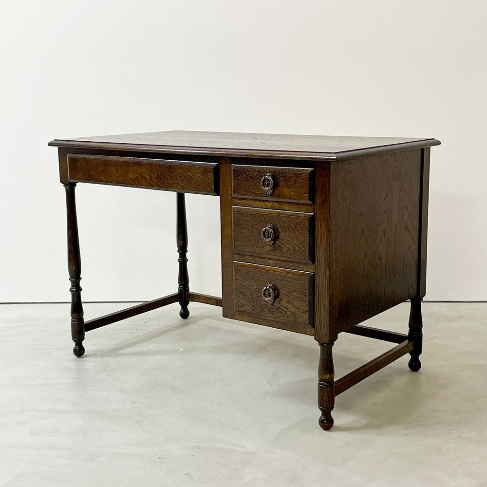 横浜元町 竹中家具 オーク材 片袖デスク 机 抽斗4杯 W106cm ろくろ脚 クラシカルデザイン 昭和レトロ ●