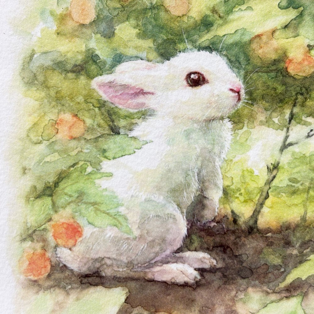 土田穣 ジクレー版画 黄色の実 W32.5cm 16/100 ウサギ 額装品 ●