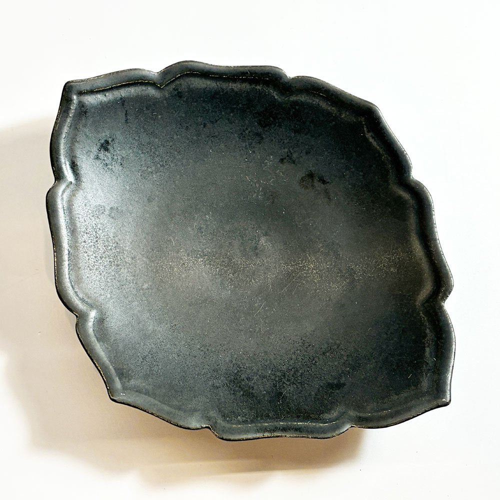 木下和美 黒釉輪花 ひし形皿 プレート 黒釉 磁器 W17cm 現代作家 A ★