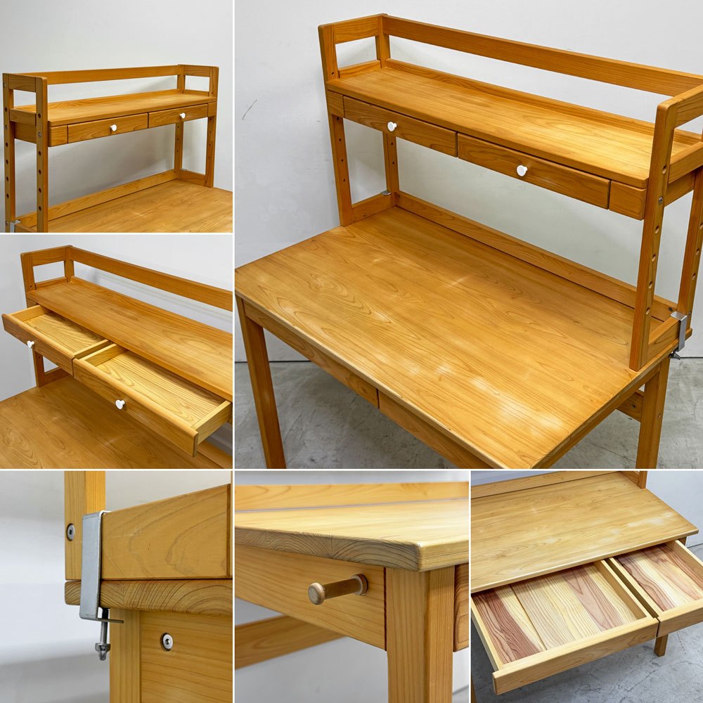 キシル XYL 4本脚デスク 100 + 机棚 つまみタイプ 100 + キシルZライト デスクライト ひのき無垢材 学習机 ●