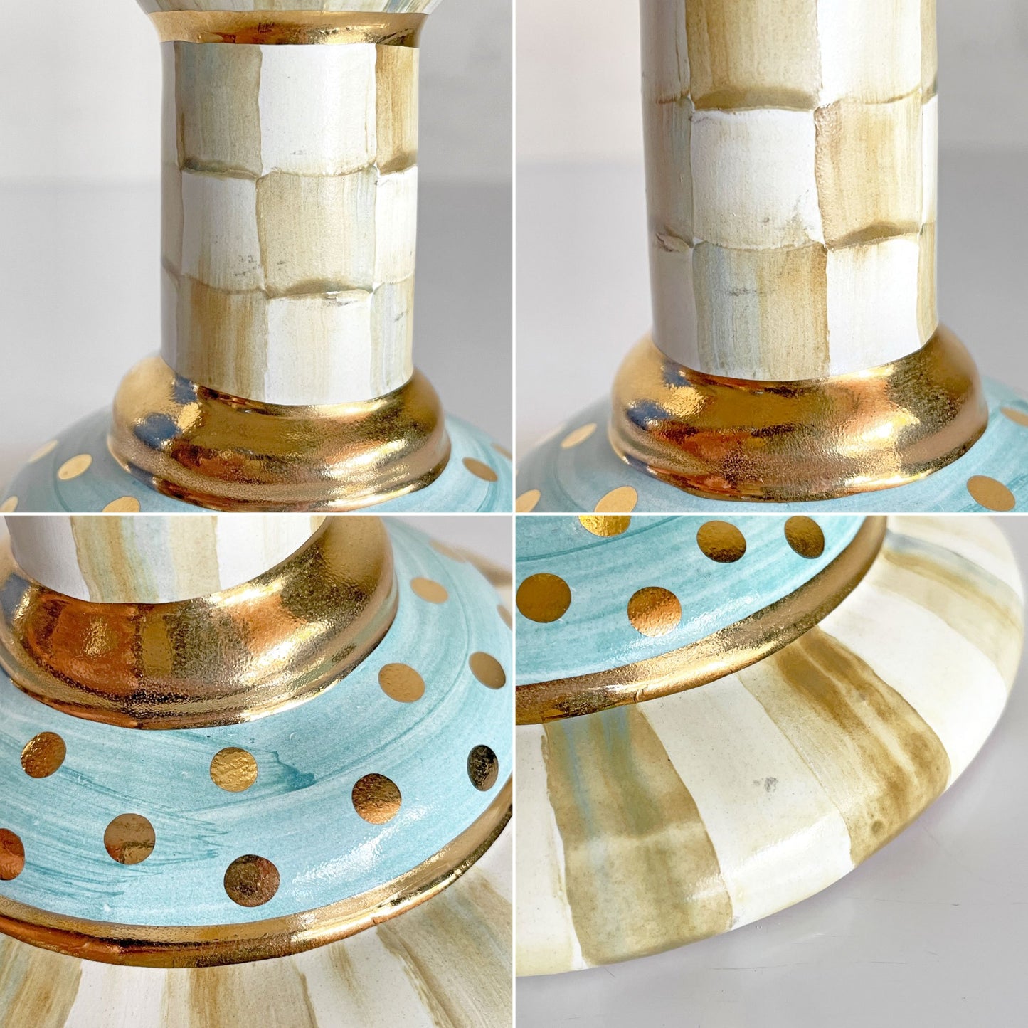 マッケンジーチャイルド Mackenzie-Child コートリーチェック柄 キャンドルスティック Candlestick 金彩 陶器 アメリカ A ■