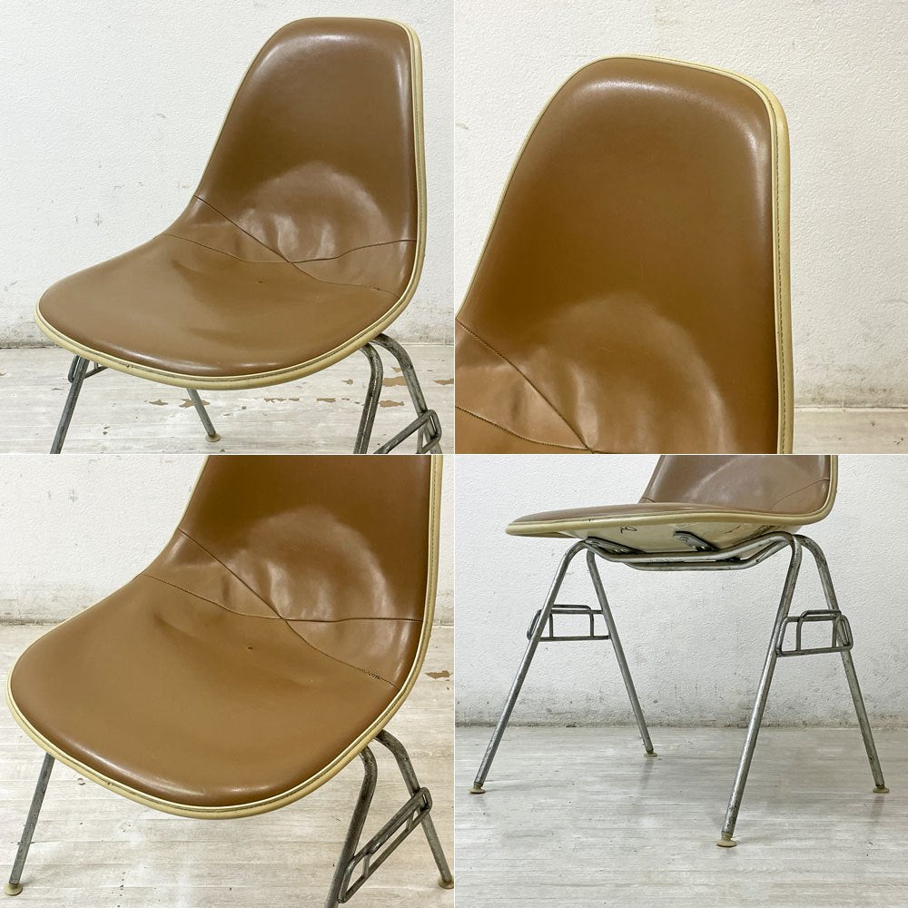 ハーマンミラー Herman Miller サイドシェルチェア セカンド 2nd FRP アプホルスター レザー スタッキングベース イームズ ビンテージ ●