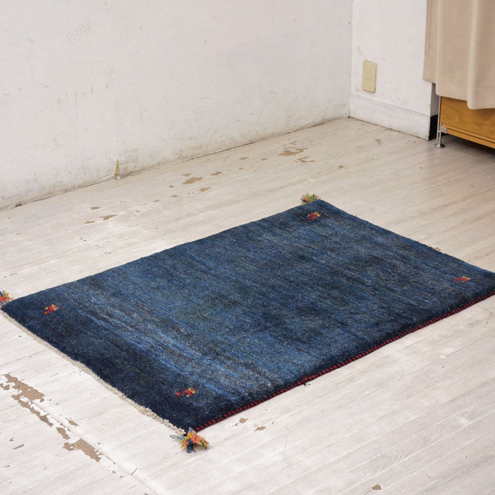 イラン 手織り ギャッベ gabbeh 絨毯 ラグ カーペット ブルー 122×83cm 鹿モチーフ ●