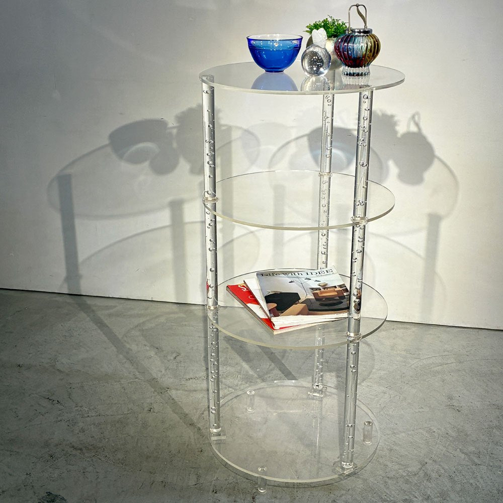 モダンデザイン Modern Design ラウンドシェルフ  アクリル製 気泡入りアクリル クリア キャスター付  Φ49.5 H109 店舗什器 ●