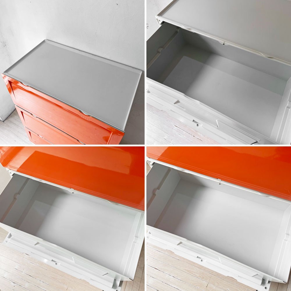 タッパーウェア Tupperware スーパーチェスト ワイド Super chest Wide 引出1段 オレンジ 3段セット 専用カート付 ★