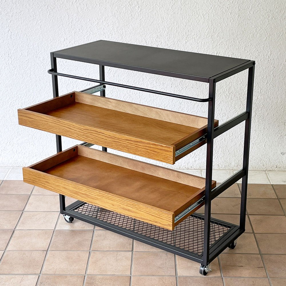 ジャーナルスタンダードファニチャー journal standard Furniture j.s.F サンク ワゴンラック SENS WAGON RACK 4段 スチール オーク材トレイ シェルフ キャスター付 W85cm 工業系 定価￥41,800- ◇