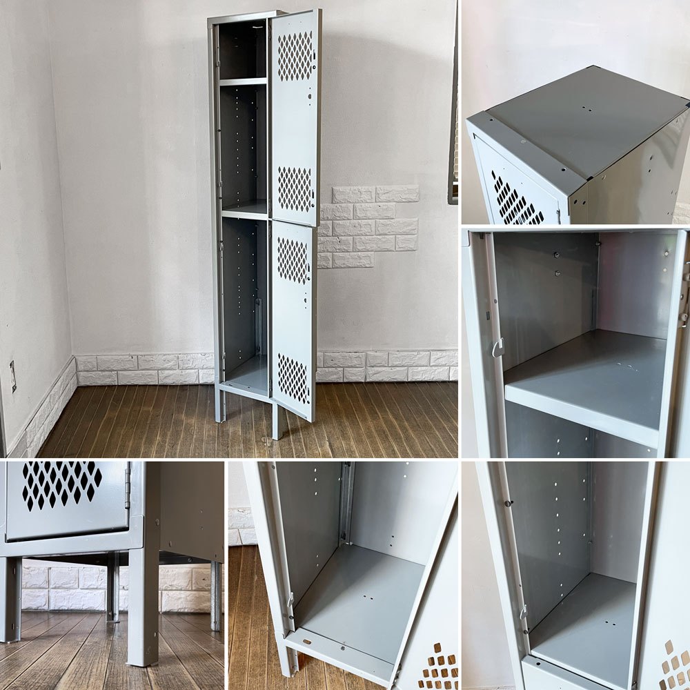 リオン LYON 2段スチールロッカー 2-TIER LOCKER ダイヤカット RECESSED HANDLE グレー インダストリアル パシフィックファニチャーサービス取扱 ◎