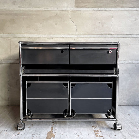 ユーエスエムハラー USMハラー USM Haller モジュラーファニチャー キャビネット シェルフ ワゴン ブラック 1列2段 2ドロワー＋エクステンションシェルフ＋2ファイリングフレーム キャスター付 スイス ♪