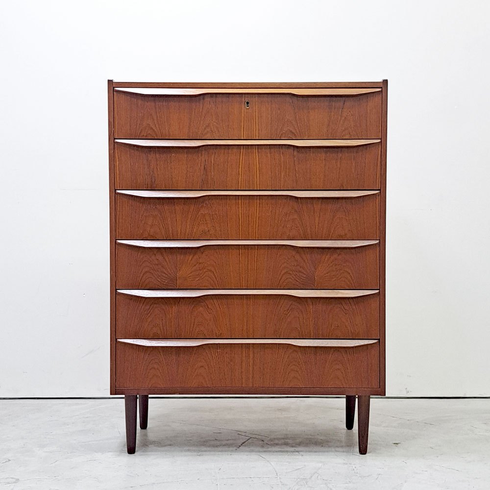 北欧ビンテージ Scandinabian Vintage チェスト 6ドロワーズ チーク材 H108cm デンマーク 北欧家具 鍵欠品 ●