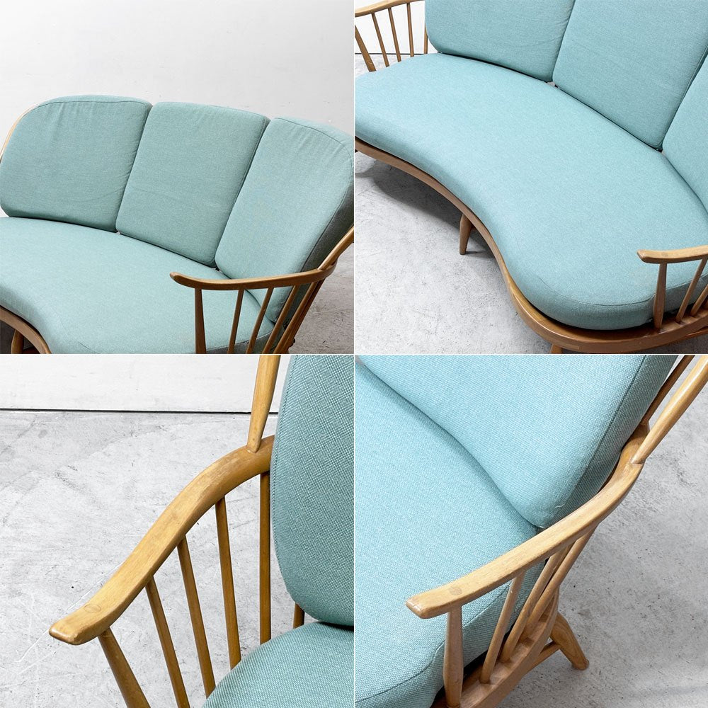 アーコール Ercol No.499 3Pソファ 3シーター キドニーシェイプ シート スカイブルー ファブリック ビーチ材 UKビンテージ 英国家具 ●