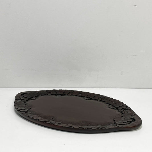 軽井沢彫 オーバル ウッドトレイ ウッドプレート お盆 楕円盆 桜彫刻 細密彫刻 伝統工芸品 民藝 ●