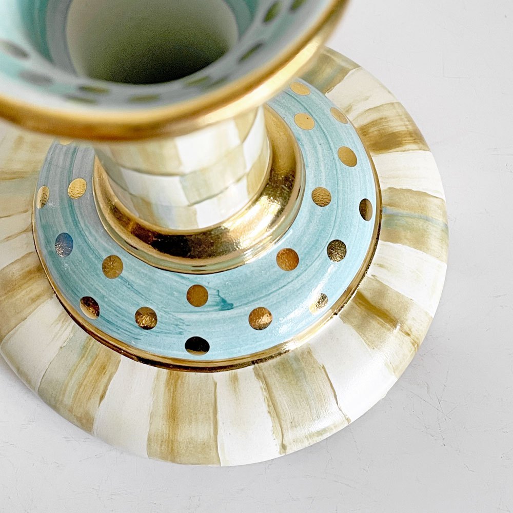 マッケンジーチャイルド Mackenzie-Child コートリーチェック柄 キャンドルスティック Candlestick 金彩 陶器 アメリカ A ■