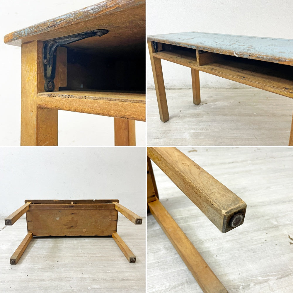 フランスビンテージ French Vintage スクールデスク キッズデスク 学校机 コンソールテーブル 2人掛け ブルーペイント W92cm ●