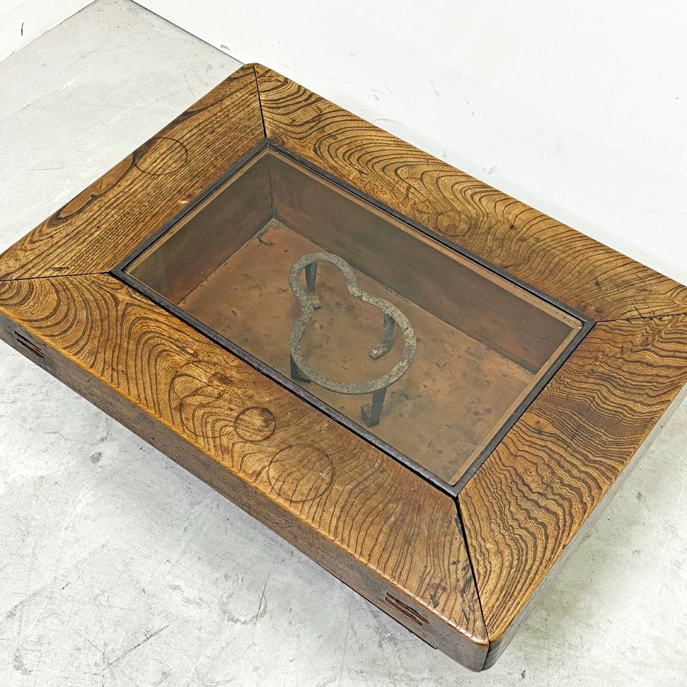 ジャパンビンテージ Japan Vintage 火鉢 長火鉢  ガラストップ テーブル 抽斗3杯 囲炉裏テーブル 和家具 古民具 古家具 昭和レトロ ●