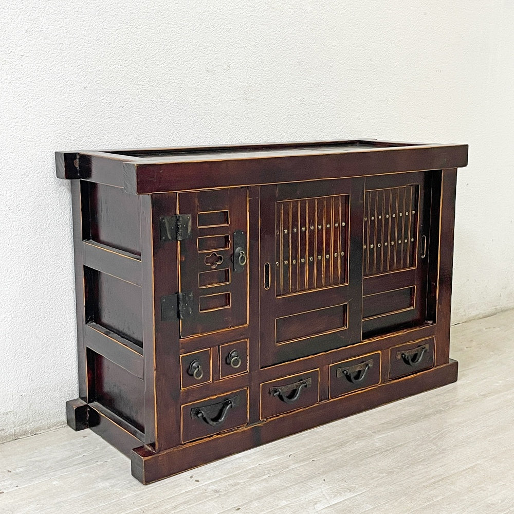 ジャパンビンテージ Japan Vintage 水屋箪笥 時代箪笥 抽斗6杯 開き戸 引き戸 W90cm 小型箪笥 和箪笥 チェスト 和家具 古家具 ●