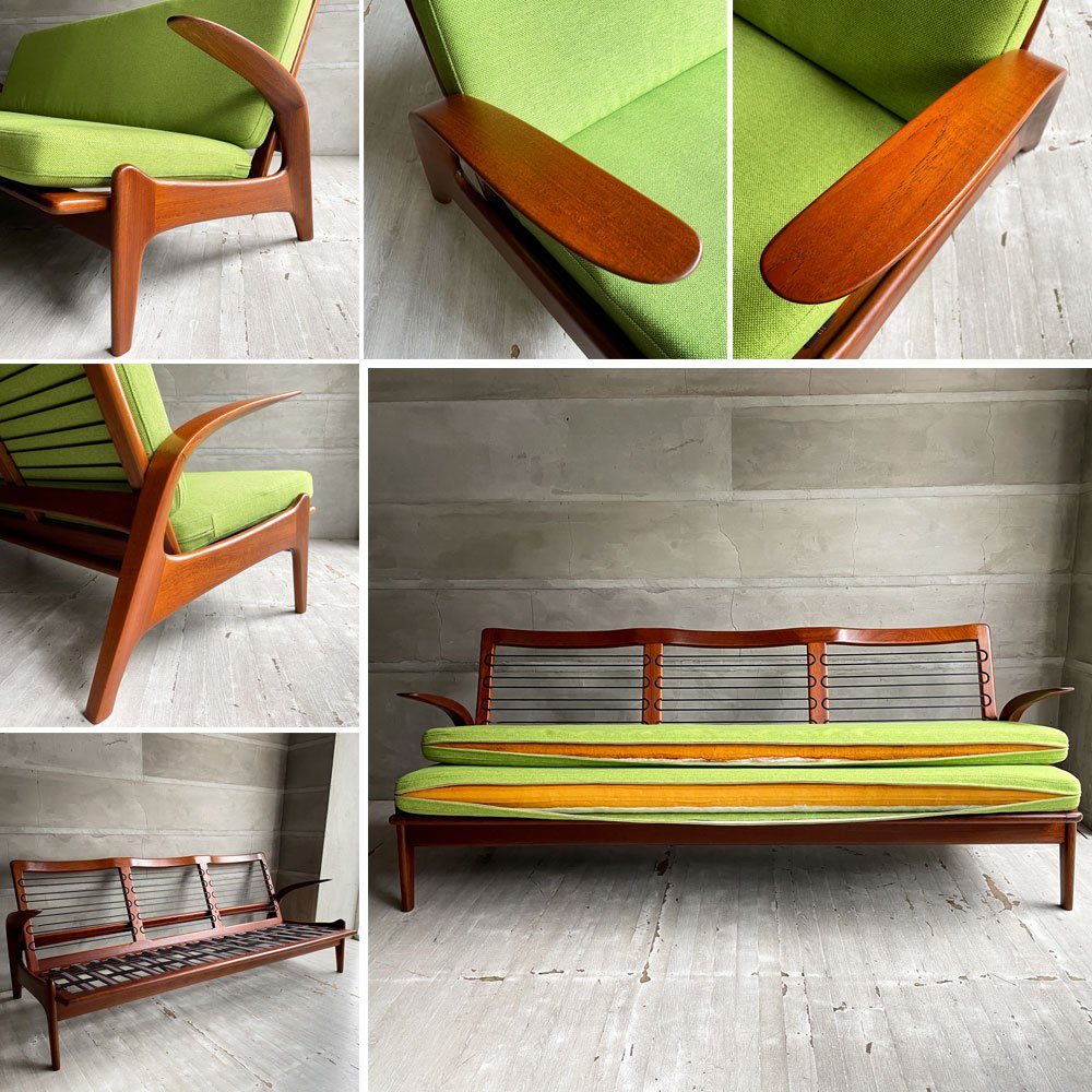 ギムソン＆スレーター Gimson & Slater 3Pソファ 3人掛け チーク無垢材 Rolf Rastad & Adolf Relling ワイヤースプリング UKビンテージ ファブリック張替済 ♪