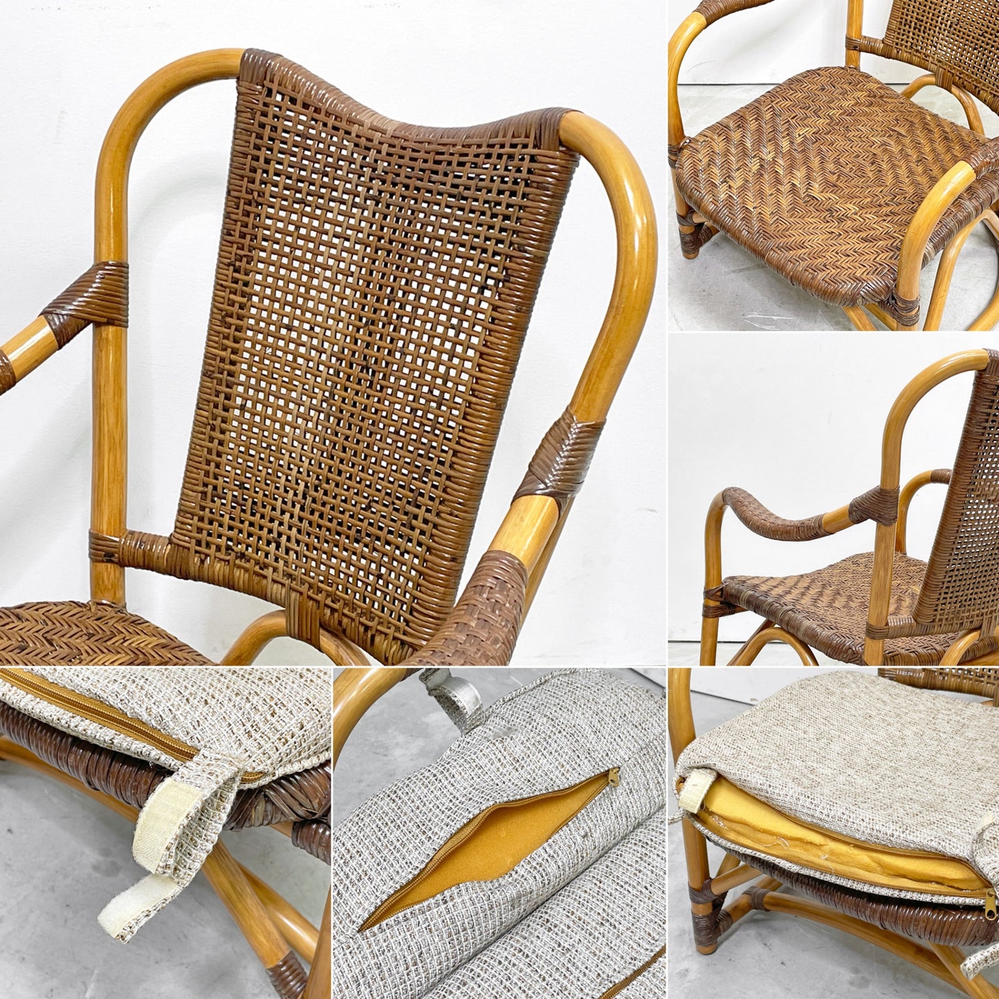 カザマ KAZAMA ルロット アームチェア Lurot Arm Chair ラタン 籐家具 ベージュ系 クッション付き インドネシア 定価￥48,800- A ●