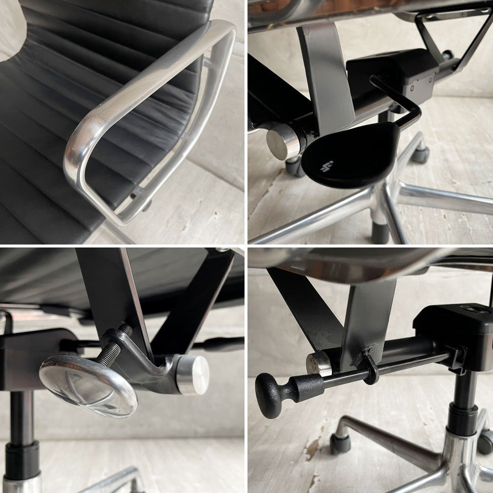 ハーマンミラー Herman Miller イームズアルミナムグループ マネジメントチェア アルミバフベース ガス圧昇降 5本脚キャスター 本革 レザー ブラック C ♪