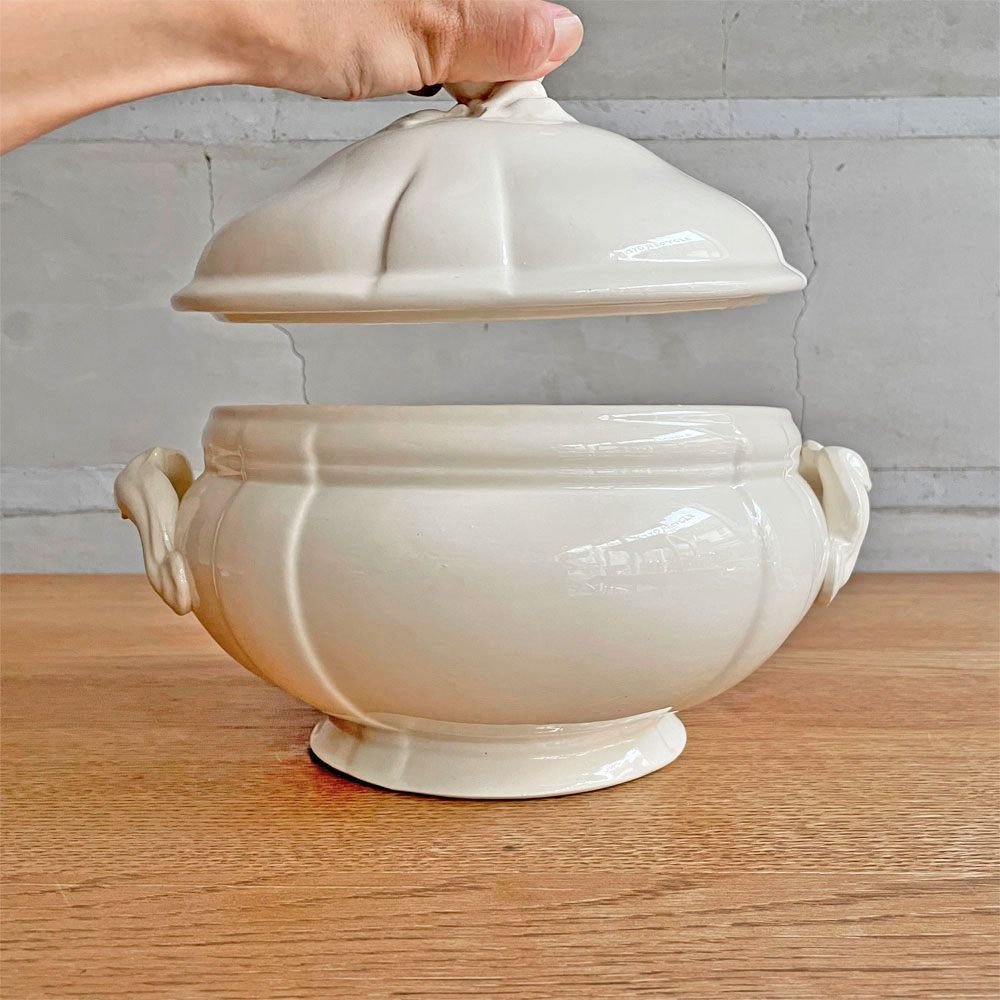 サルグミンヌ窯 Sarreguemines スーピエール スープチュリーン スープ鍋 スープボウル 陶器 1920-50年代 フランス ビンテージ French Vintage アンティーク アイボリー ♪