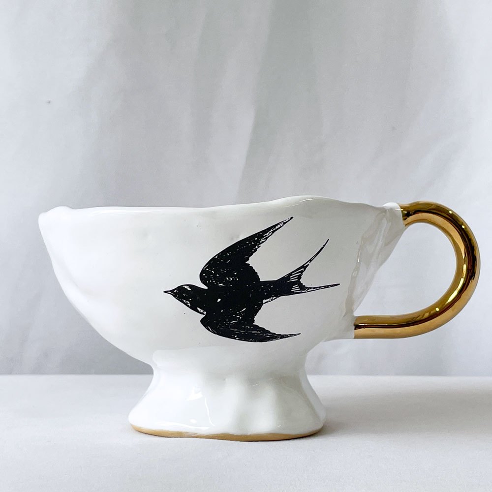 クーンケラミック Kuhn Keramik grande tasse つばめ カフェオレボウル マグカップ フリーカップ 金彩 陶器 ドイツ ◇
