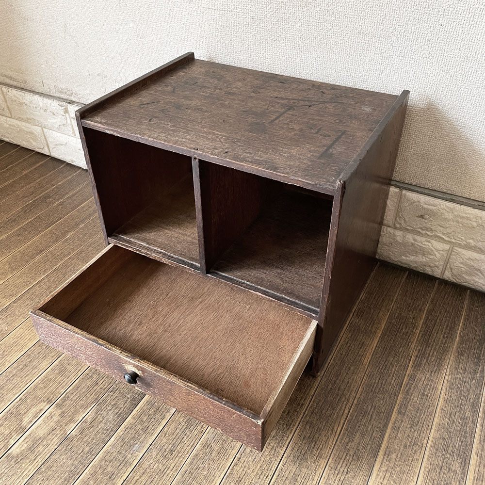 ジャパンビンテージ  Japan Vintage 古い木味のスモールキャビネット 抽斗1杯 本棚 文庫箱 W36cm 昭和レトロ 古家具 ◎