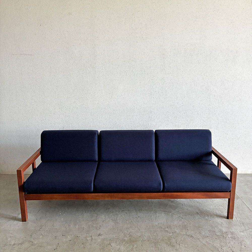ジャクソンファニチャー Jackson Furniture チーク材 3シーターソファ 3人掛け W207cm ファブリック ネイビー系 座面ウレタン交換＆カバー張替済 USビンテージ 〓