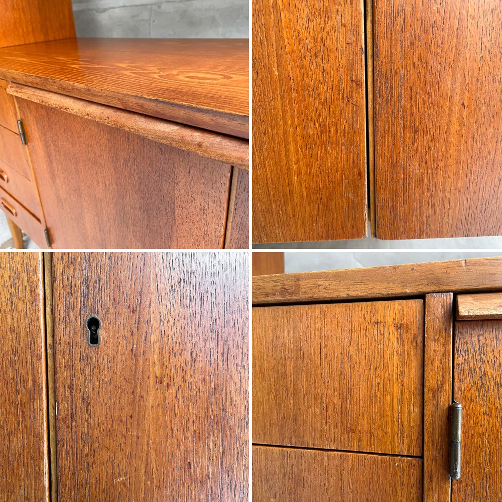 スウェーデンビンテージ チーク材 キャビネット オープンシェルフ 食器棚 飾り棚 ルームディバオダー スライド天板（ベロ付） 鍵付き ♪