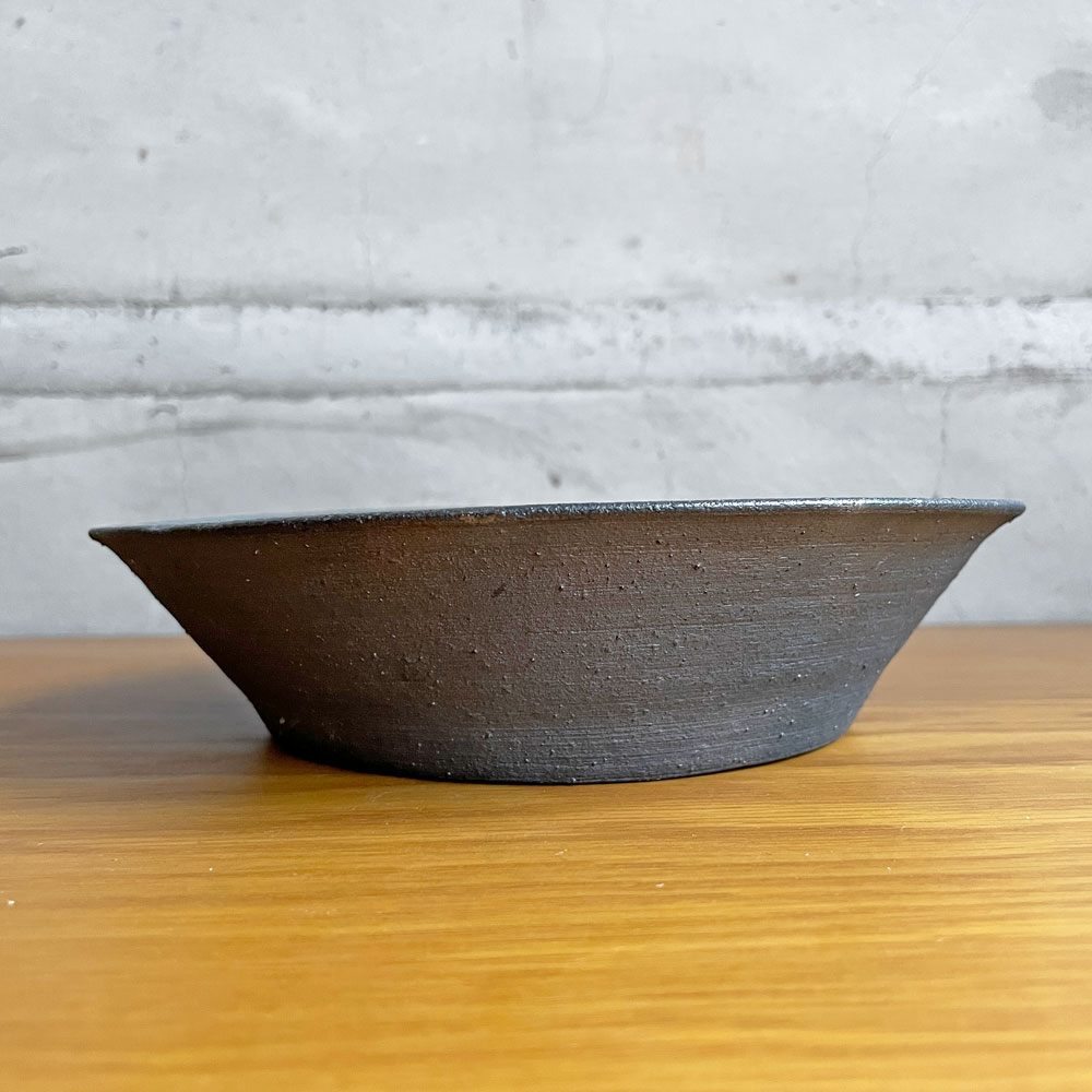 花岡隆 黒陶台皿 約19.5×H4.8cm 花釜 現代作家♪