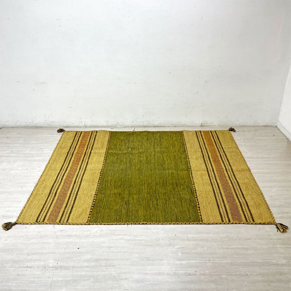 サヤンサヤン SAYANSAYAN インドキリム ラグマット インド綿 幾何学模様 手織り コットン 250×195cm グリーンベース ●