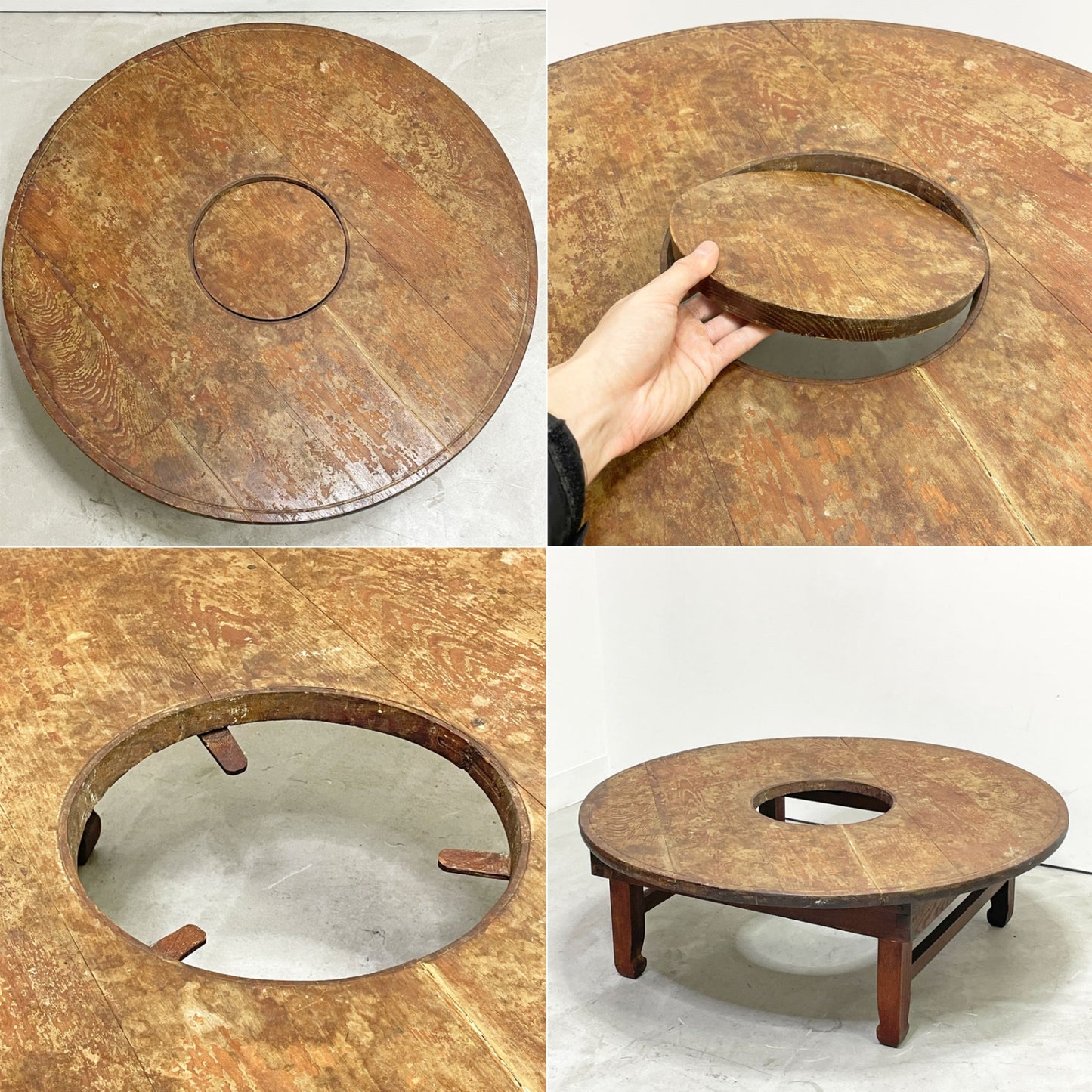 ジャパンビンテージ Japan Vintage 古い木味のちゃぶ台 丸型 折りたたみ 円卓 座卓 中央天板取り外し可能 日本古家具 昭和レトロ ●