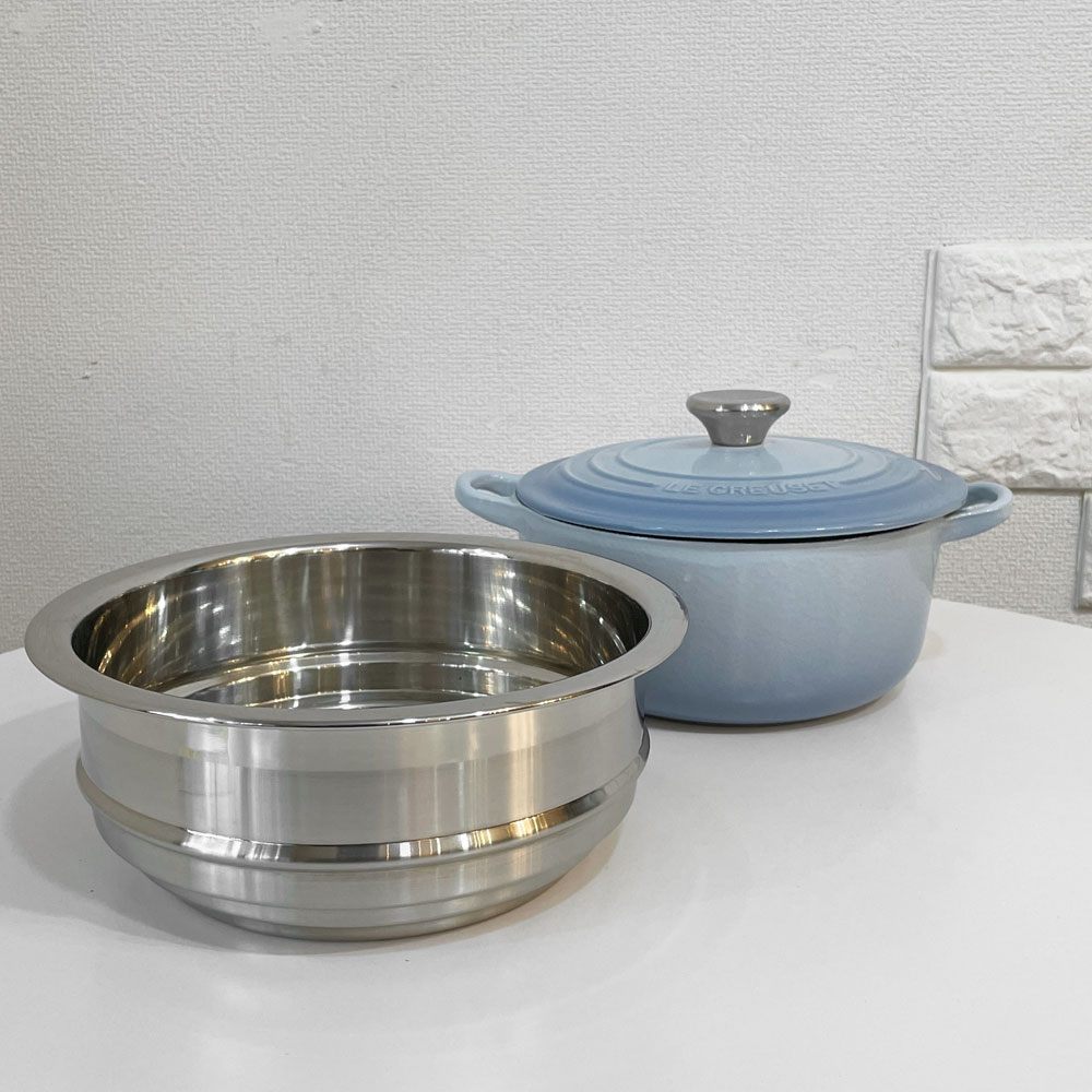 ルクルーゼ LE CREUSET ココットロンド 両手鍋 ＆ マルチスチーマー コースタルブルー 20cm  鋳物 フランス ◎
