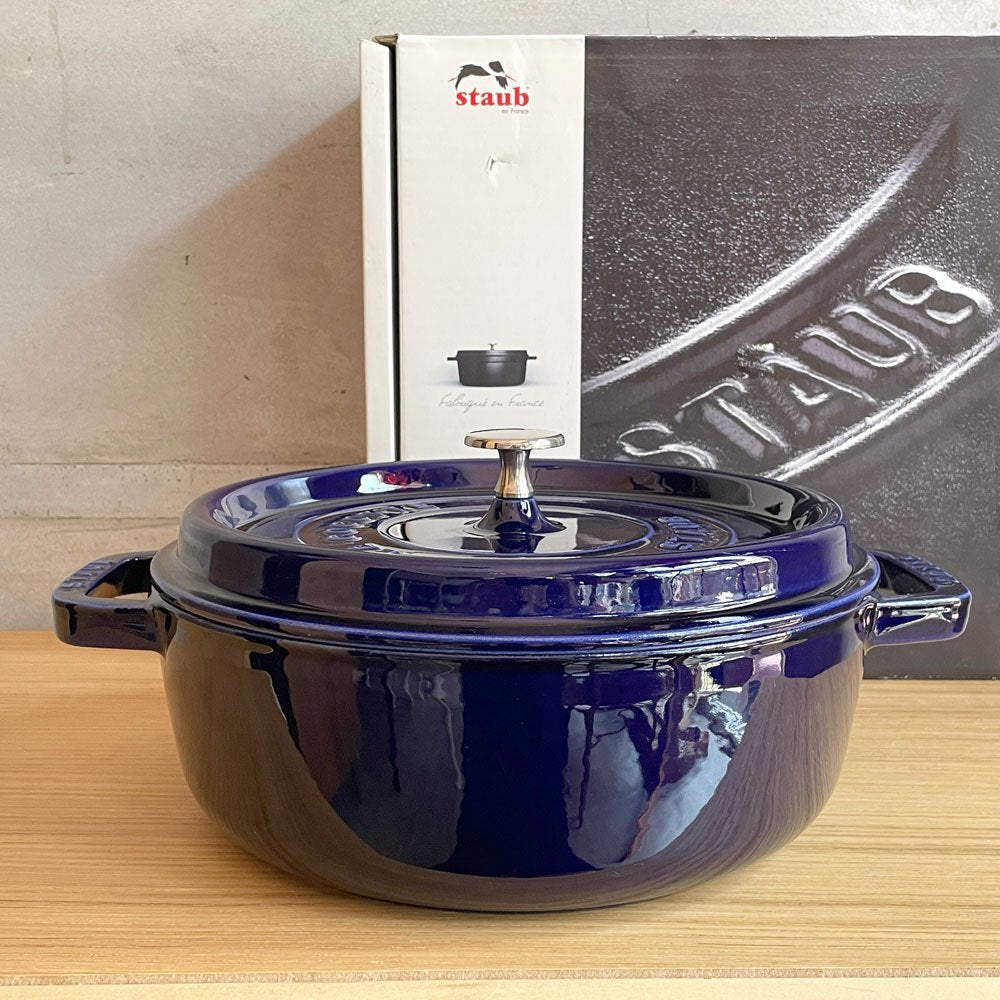 ストウブ staub ココットラウンド シャロー ホーロー 両手鍋 IH対応 26cm グランドブルー 26cm 箱付き ♪