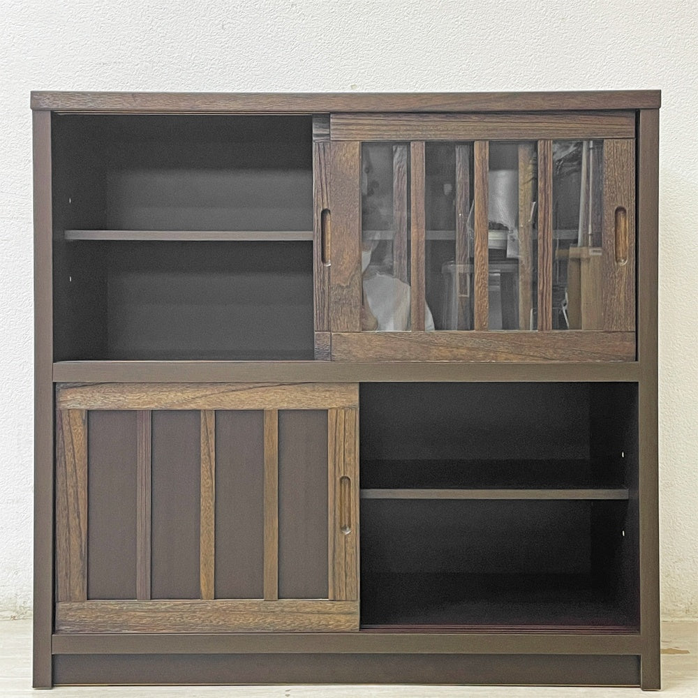 ジャパニーズモダンデザイン Japanese Modern Design ガラス引戸 キャビネット 収納棚 幅90cm ダークカラー ●