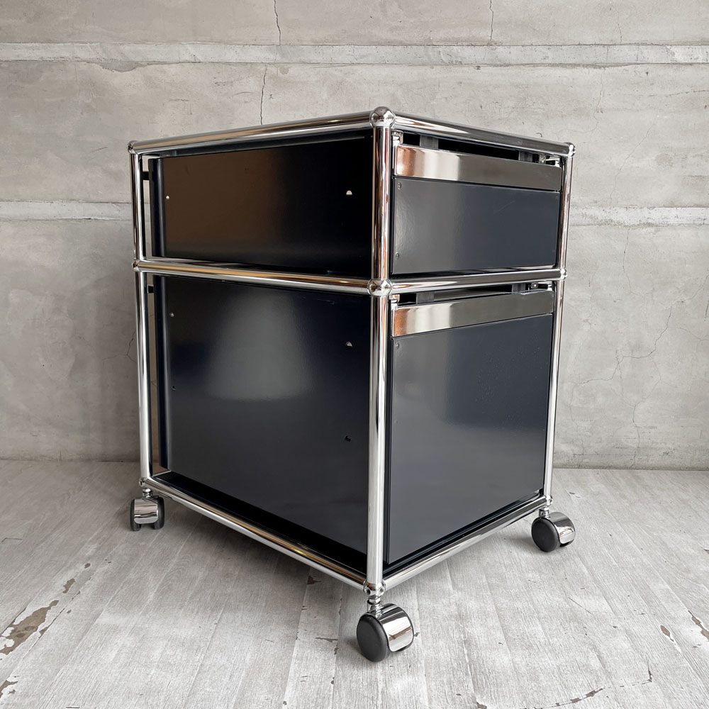 ユーエスエムハラー USM Haller モジュラーファニチャー Modular Furniture ハラーシステム デスクワゴン ロールボーイ 2ドロワー ブラック 鍵付 トレイ付 ♪