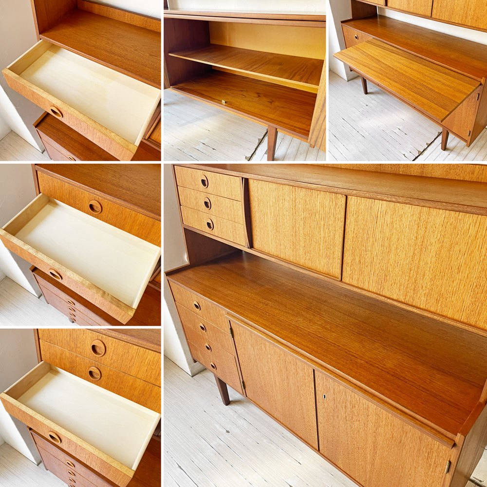 スウェーデンビンテージ Swedish Vintage チーク材 キャビネット シェルフ ハイタイプ 4スライドドア＋7ドロワー デスク W136cm 鍵付き 北欧 ★
