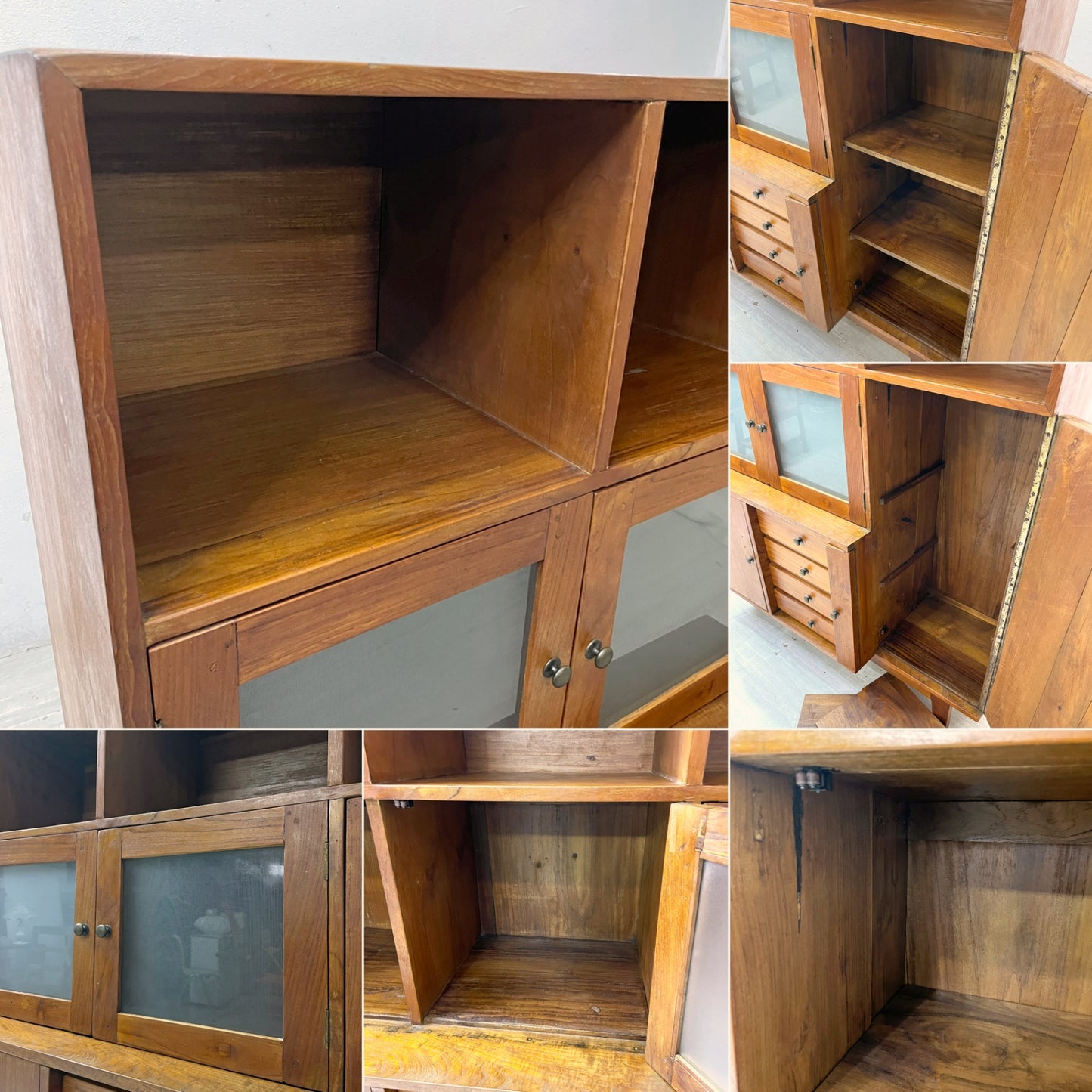 アジアン チーク無垢材 キャビネット ガラス扉 引き出し4杯 飾り棚 本棚 立ち脚家具 ●