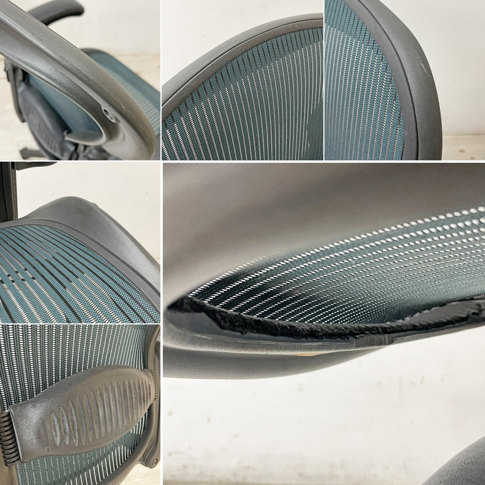 ハーマンミラー Herman Miller アーロンチェア Bサイズ ランバーサポート フル装備 グラファイトベース グリーン系 ビル・スタンフ ＆ ドン・チャドウィック 現状品 ●