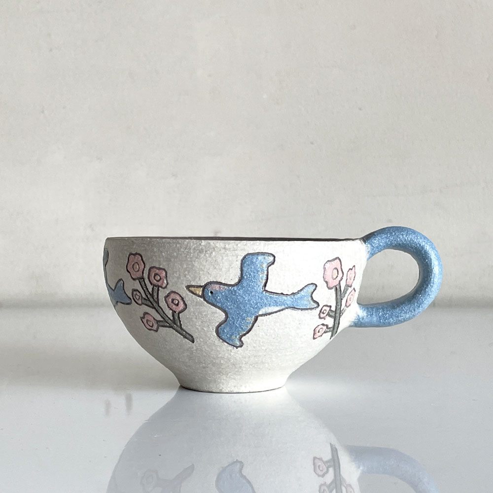 すずきまこと マグカップ 鳥と花柄 陶器 Φ9.5×H6 現代作家 ■