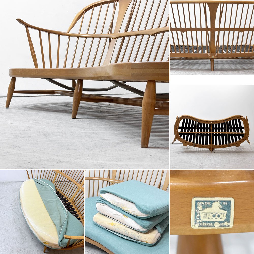 アーコール Ercol No.499 3Pソファ 3シーター キドニーシェイプ シート スカイブルー ファブリック ビーチ材 UKビンテージ 英国家具 ●