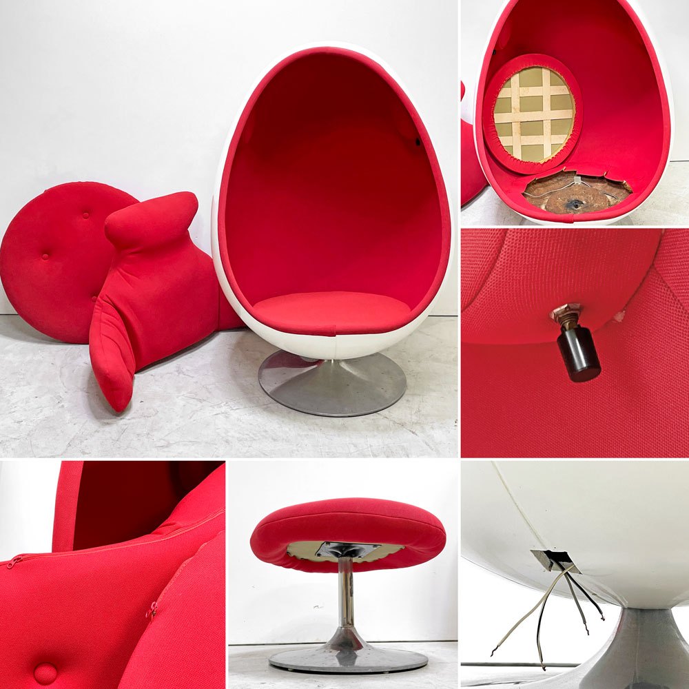 ヘンリックソーラーセン Henrik Thor-Larsen オヴァリアエッグチェア Ovalia Egg Chair FRP ホワイト×レッド ステレオスピーカー内蔵 オットマン付き ビンテージ スペースエイジ ●