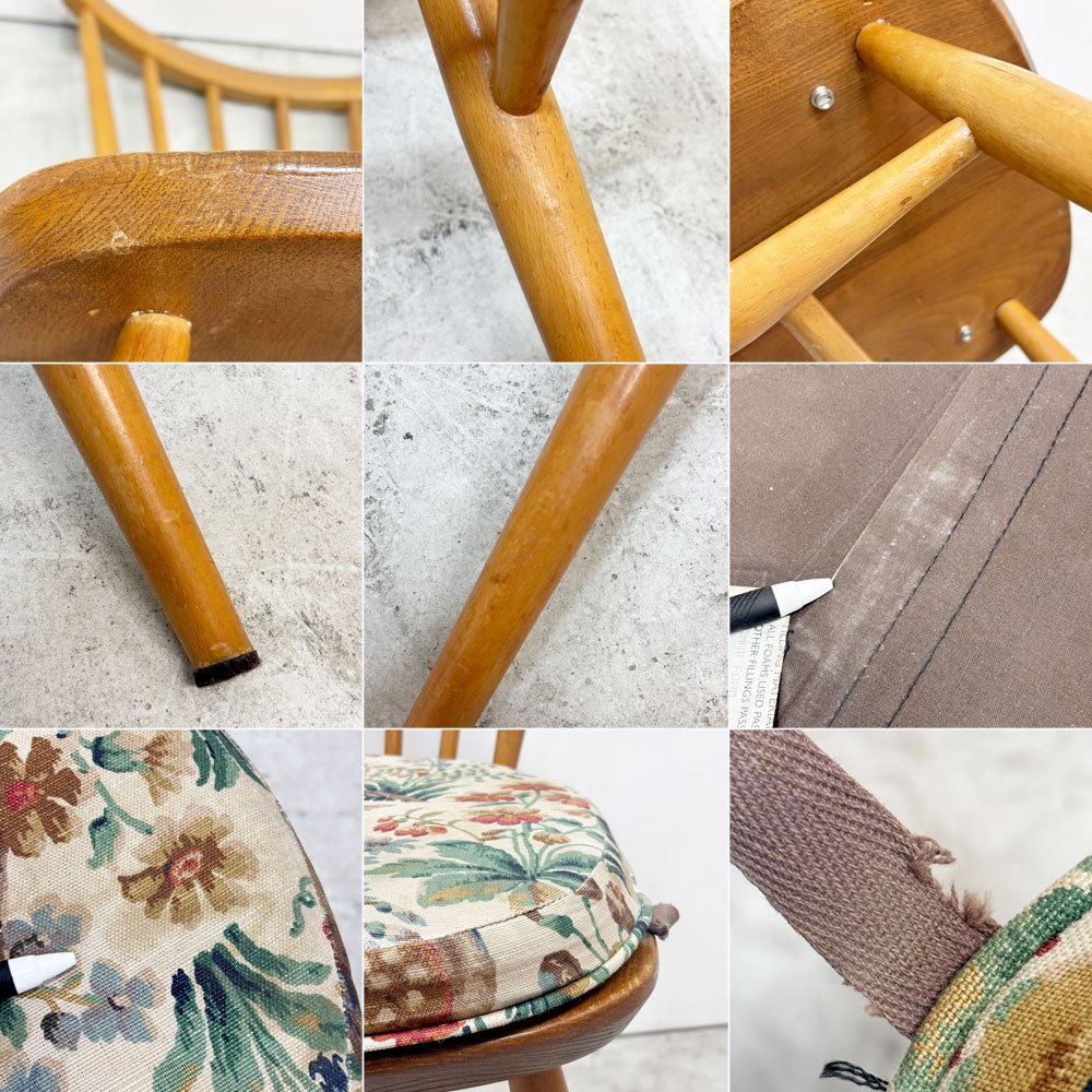 アーコール Ercol ボウバックチェア ファンバックチェア 5本タイプ エルム材 UKビンテージ Vintage 英国 横浜ダニエル製オリジナルクッション付 A ●
